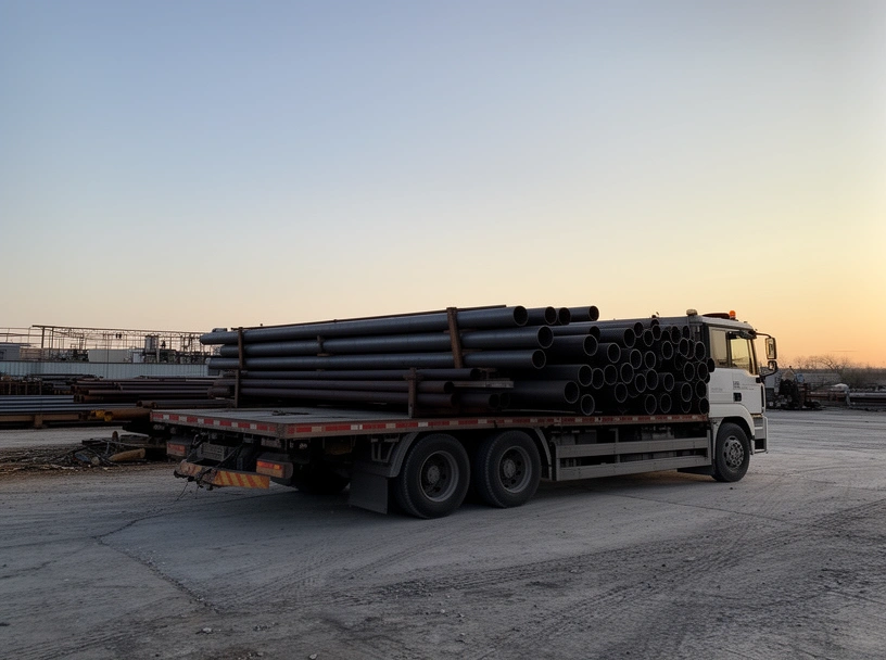 Camión con caños de acero en un playón industrial a primera hora