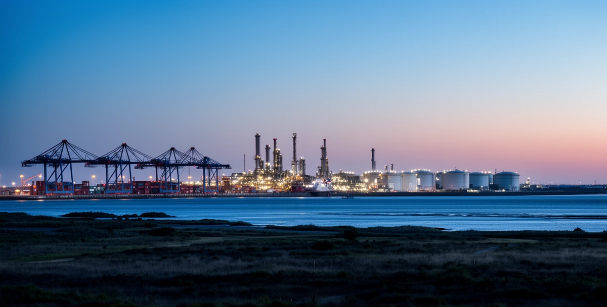 Grúas del puerto y tanques del polo petroquímico al atardecer