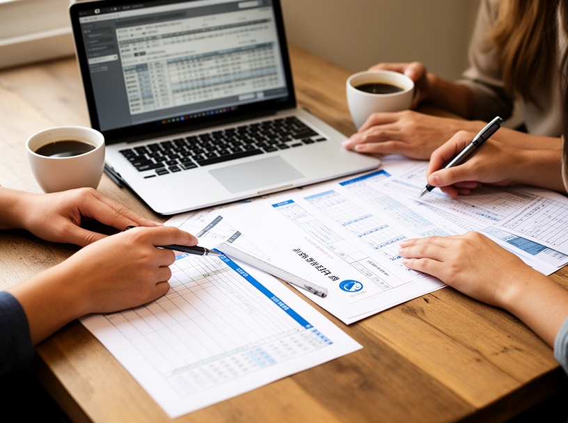 Dos personas revisando planillas impresas en una mesa con una computadora abierta